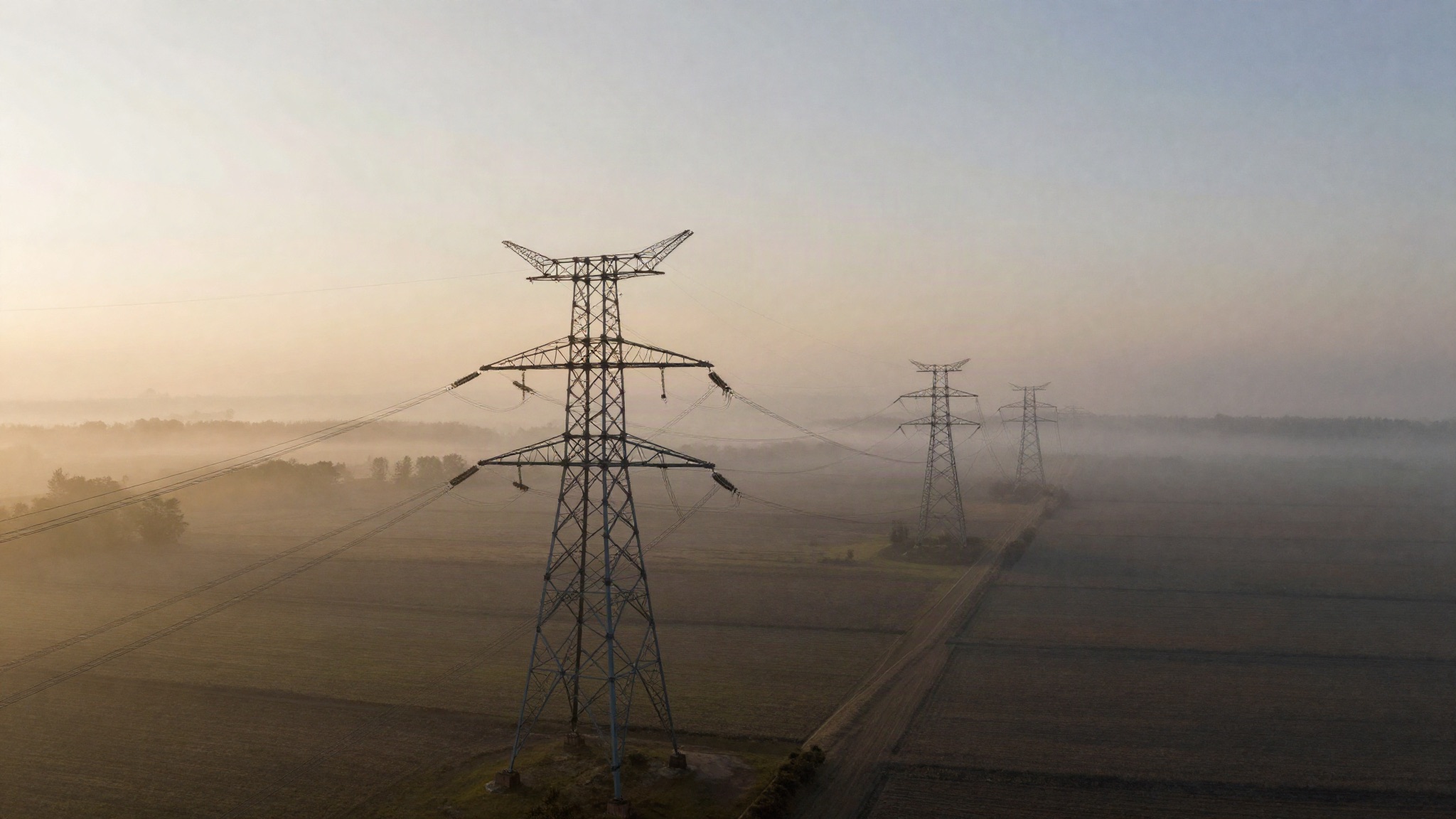 380-kV-Freileitung im Morgennebel