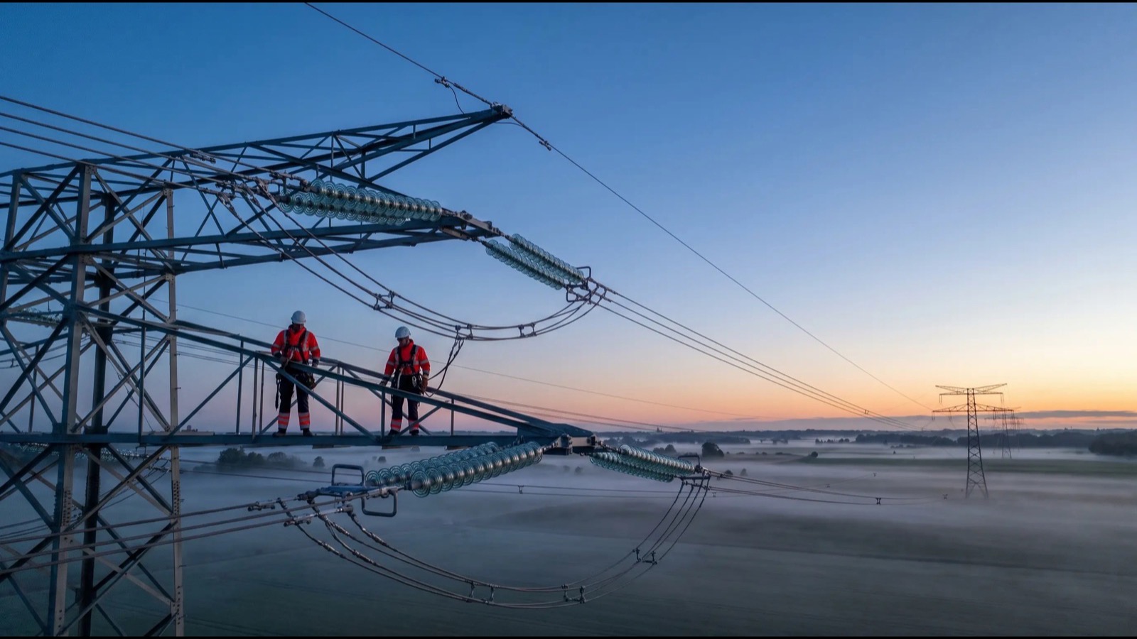 Zwei Freileitungsmonteure mit Helm und Auffanggurt auf der Traverse eines Abspannmastes bei Sonnenaufgang